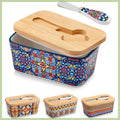 Bohemian Ceramic Butter Dish with  Bamboo Lid and knife , 6.5"