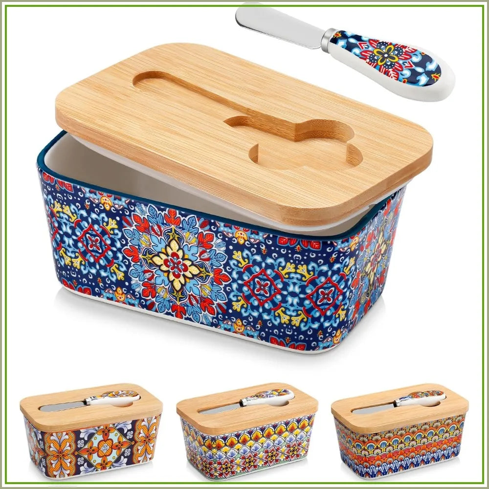 Bohemian Ceramic Butter Dish with  Bamboo Lid and knife , 6.5"