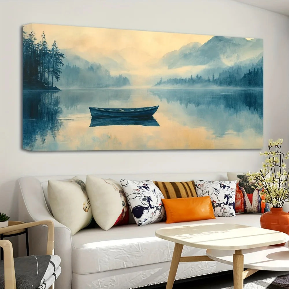 1.5 inch thick pine solid wood frame, landscape foggy scenery boat painting