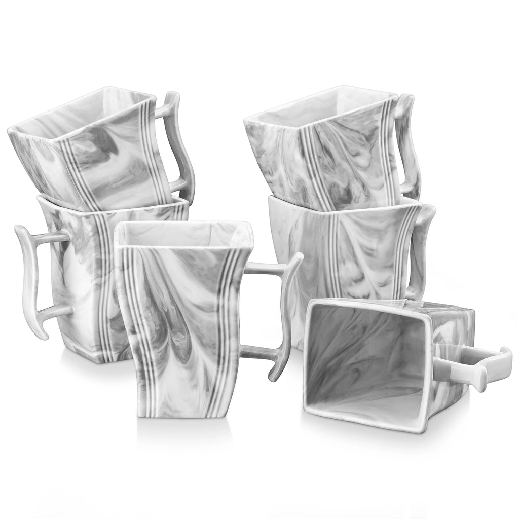 6 Piece White and Marble Coffee Service Set Cream White Porcelain Square Coffee Cups 5.5 Inch 500ML