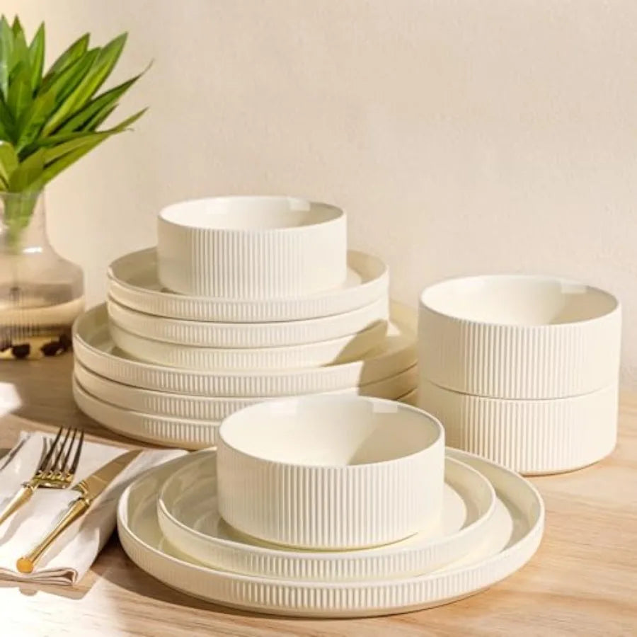 4 serve, 12 Pieces Porcelain Lightweight Plates and Bowls Sets, Scratch Resistant Oven, Microwave