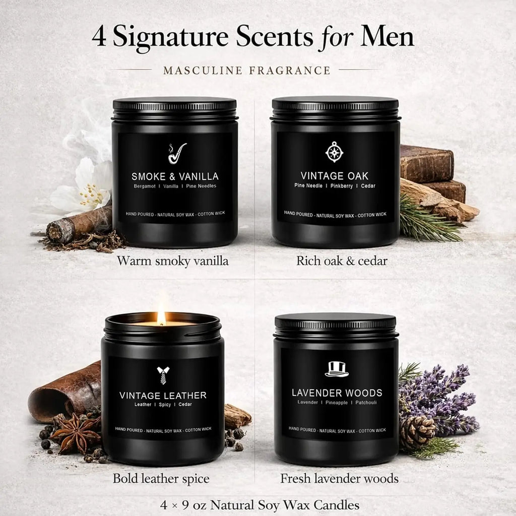 4-Pack Masculine Soy Candles for Men: Leather, Smoke, Oak & Lavender - 200hr Burn Time