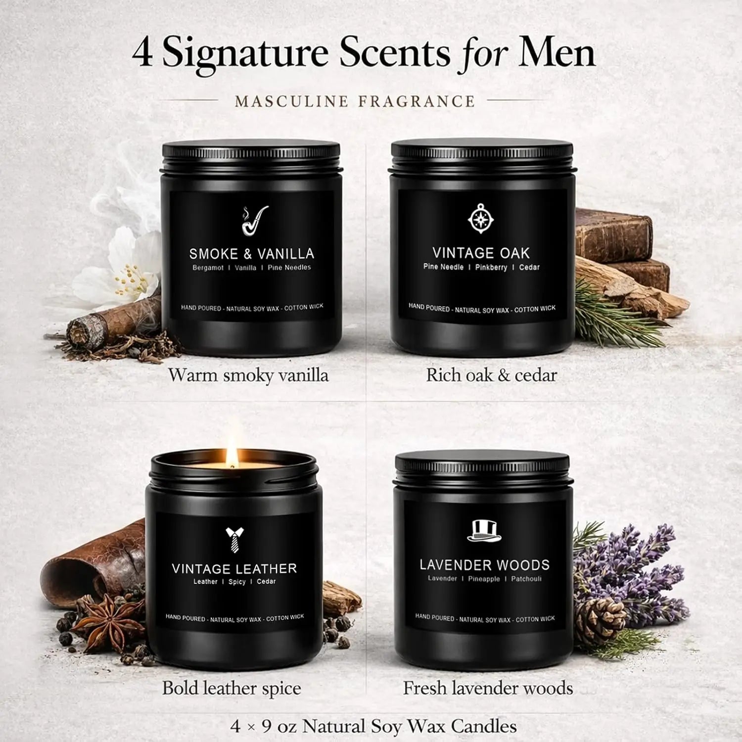 4-Pack Masculine Soy Candles for Men: Leather, Smoke, Oak & Lavender - 200hr Burn Time