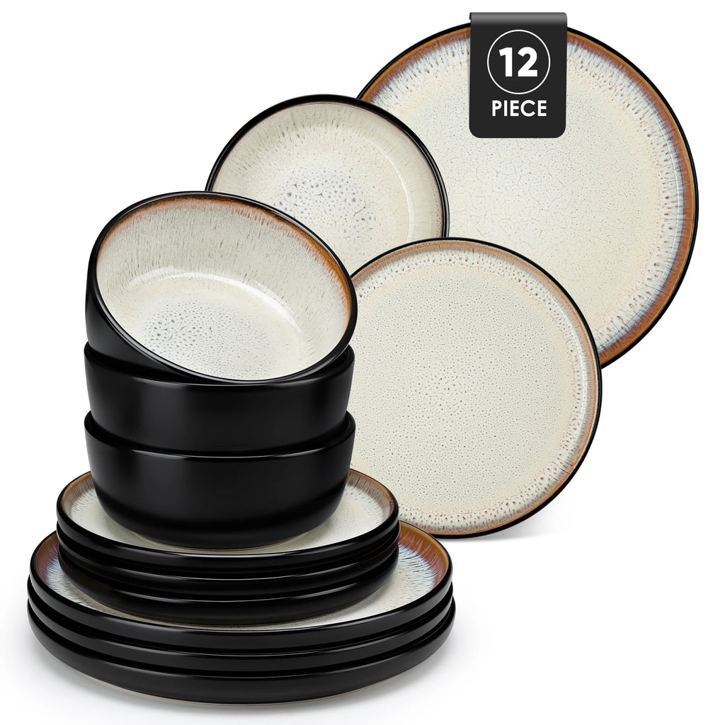 12/16 Piece Ceramic Dinnerware Set Matte Black Stoneware Plates Set with 4/6 Pcs Dinner Plate/Dessert/Bowl/Soup