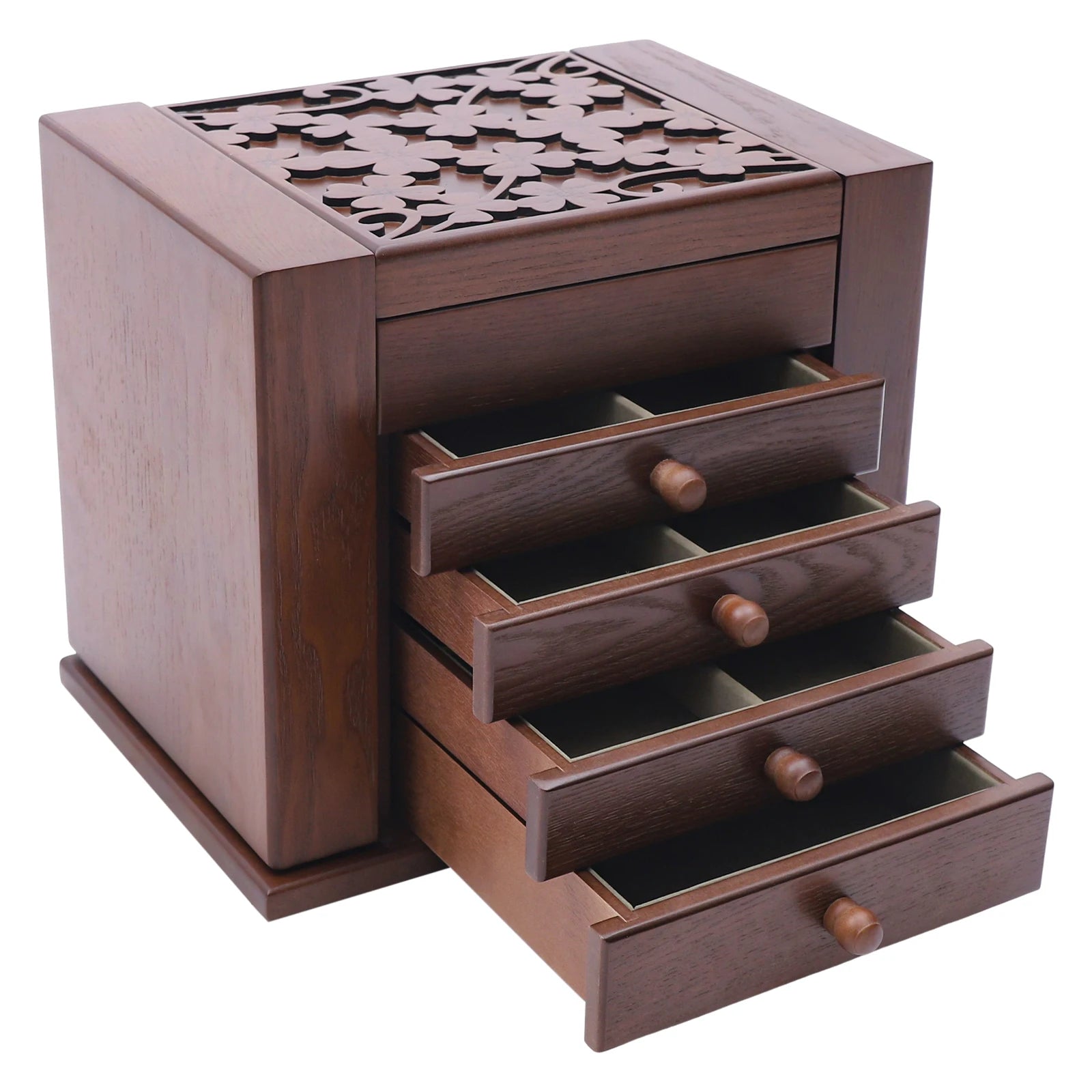 Jewelry Organizer Box, Multi-Compartment Storage Case with 4 Drawers & 6 Hooks & Built-in Mirror, Space-Saving MDF Vanity Stand