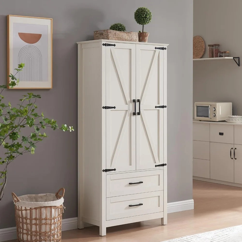 Storage Cabinet, with 2 Drawers & Adjustable Shelves & Barn Doors, Farmhouse Wood