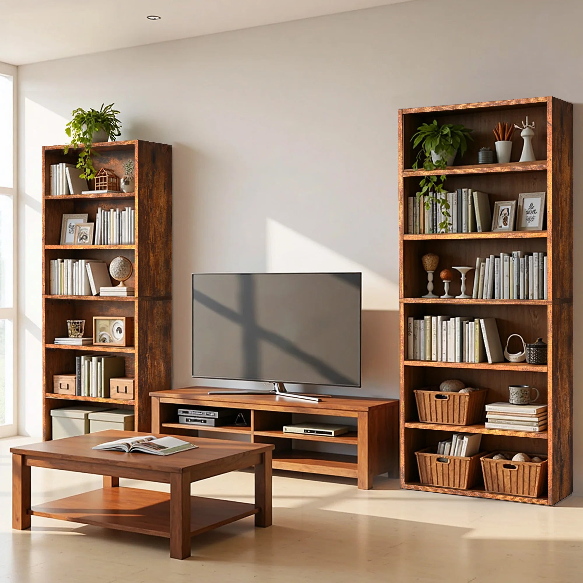 6 Shelf Bookcase Wooden Large 63 Inch Tall Bookcase Standing Open Book Shelf Organizer Adjustable Display