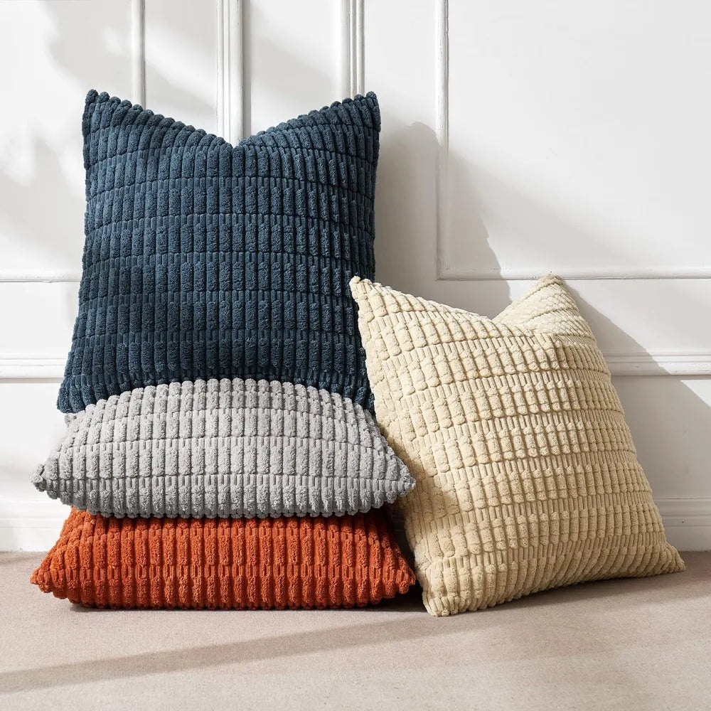 Boho Corduroy Throw Pillow Covers 18x18 Set of 4 Blue Orange Striped Decorative Cushion Cases