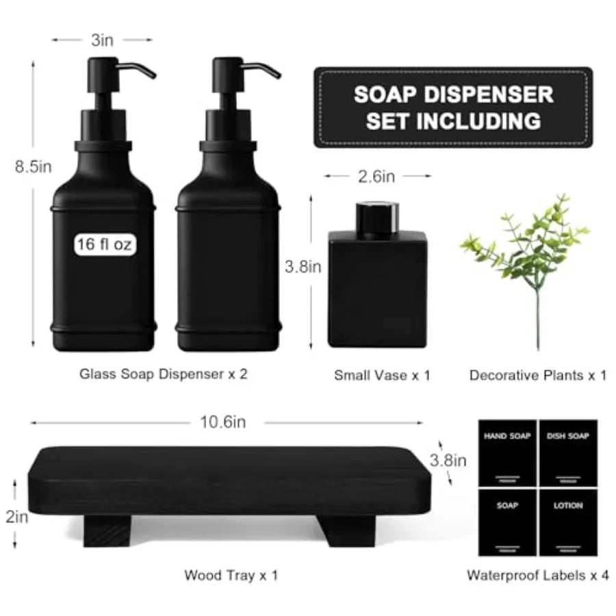 Modern Glass Soap Pump Dispenser Set with Wood Tray