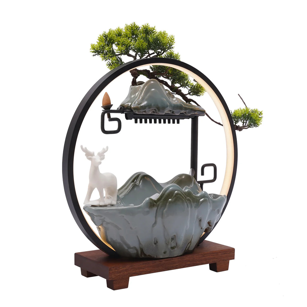 110V Ceramic Tabletop Fountain With Mist LED Deer Figurine Pine Branches Easy Setup Quiet