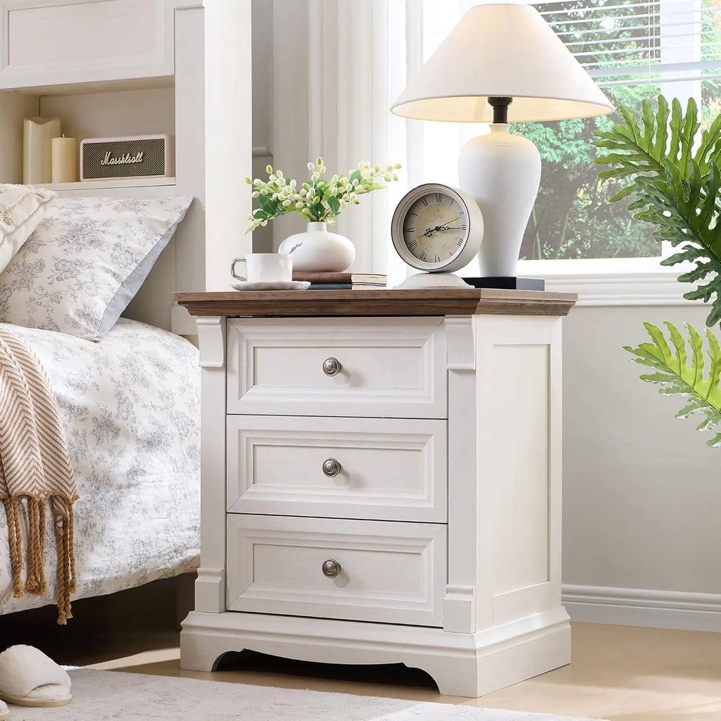 Farmhouse Wood 26" Tall Nightstand with Charging Station, 23.6"  3 Drawers Storage