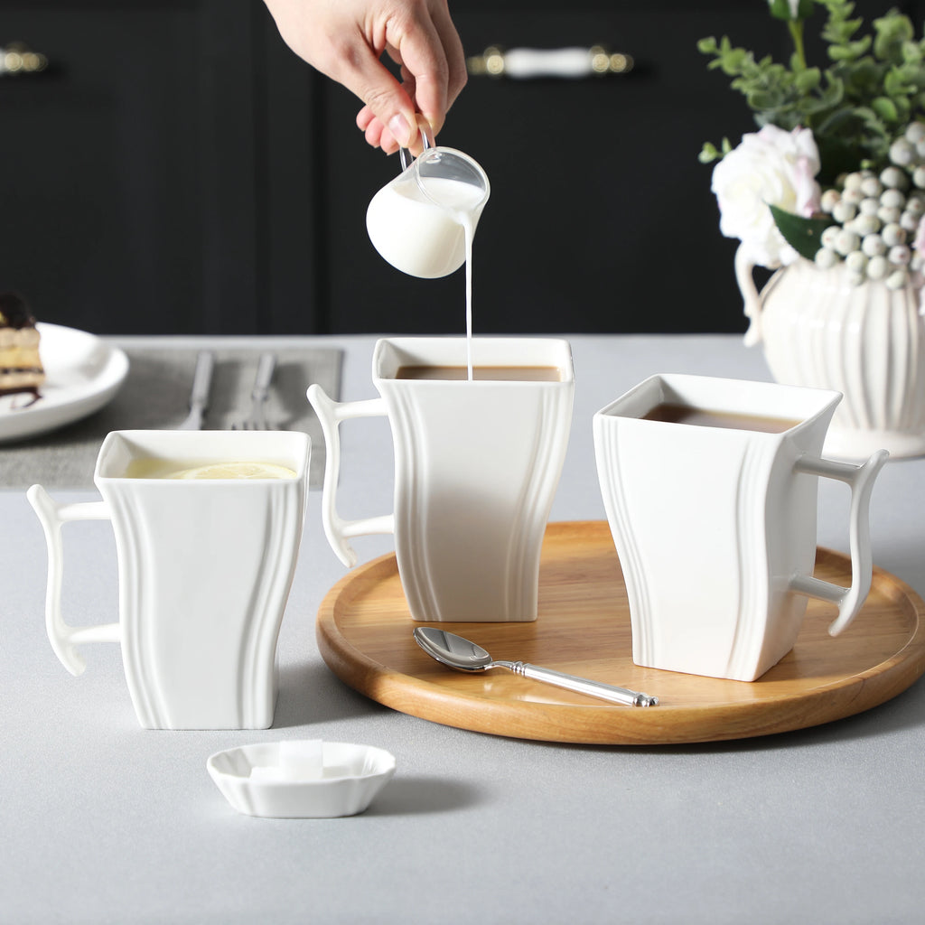 6 Piece White and Marble Coffee Service Set Cream White Porcelain Square Coffee Cups 5.5 Inch 500ML