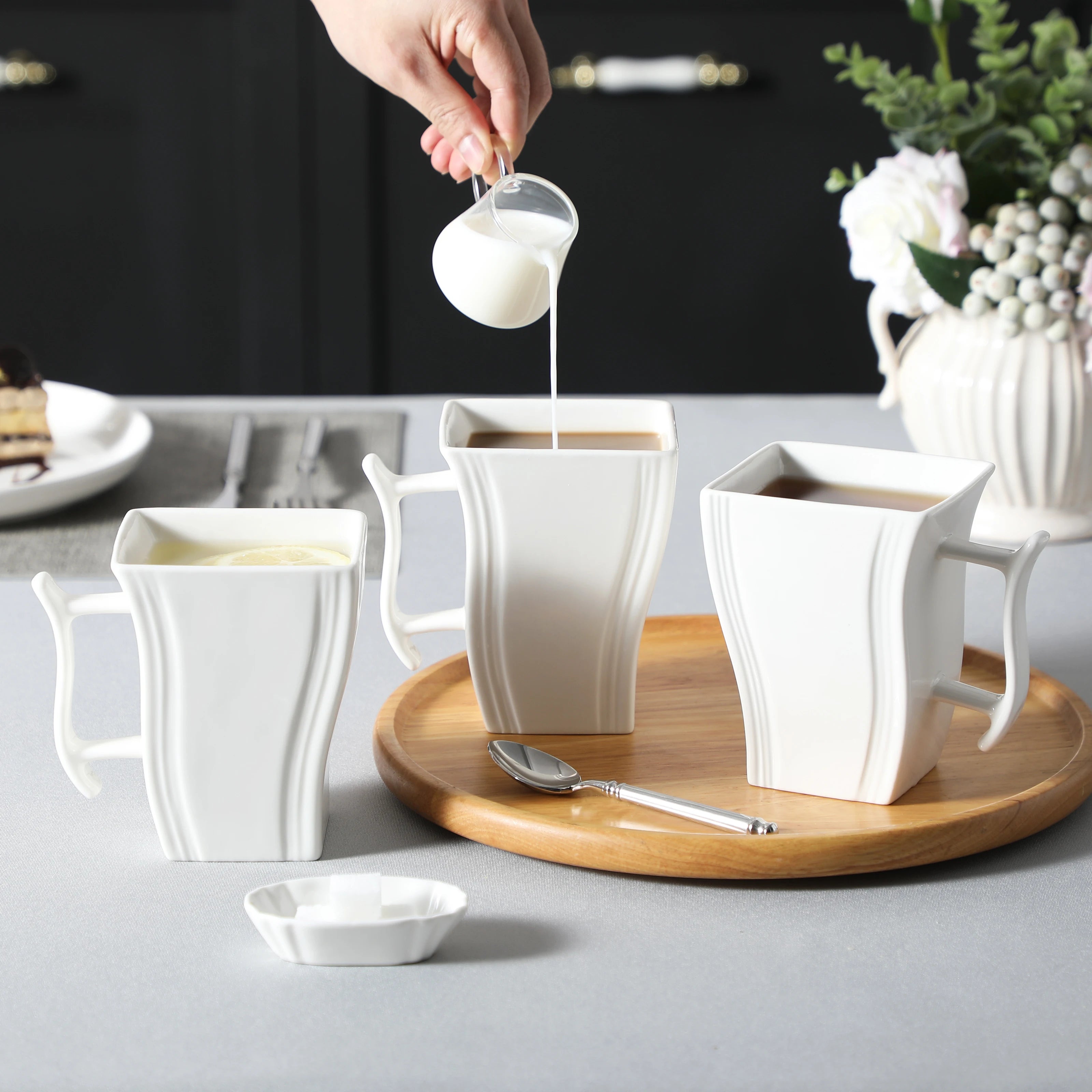 6 Piece White and Marble Coffee Service Set Cream White Porcelain Square Coffee Cups 5.5 Inch 500ML
