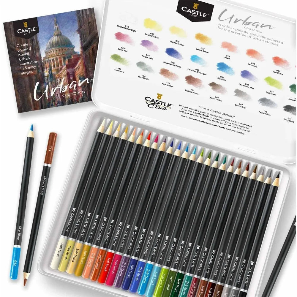 24 Premium Colored Pencils in Tin Box, Smooth Pigmented Cores for Cityscape Art