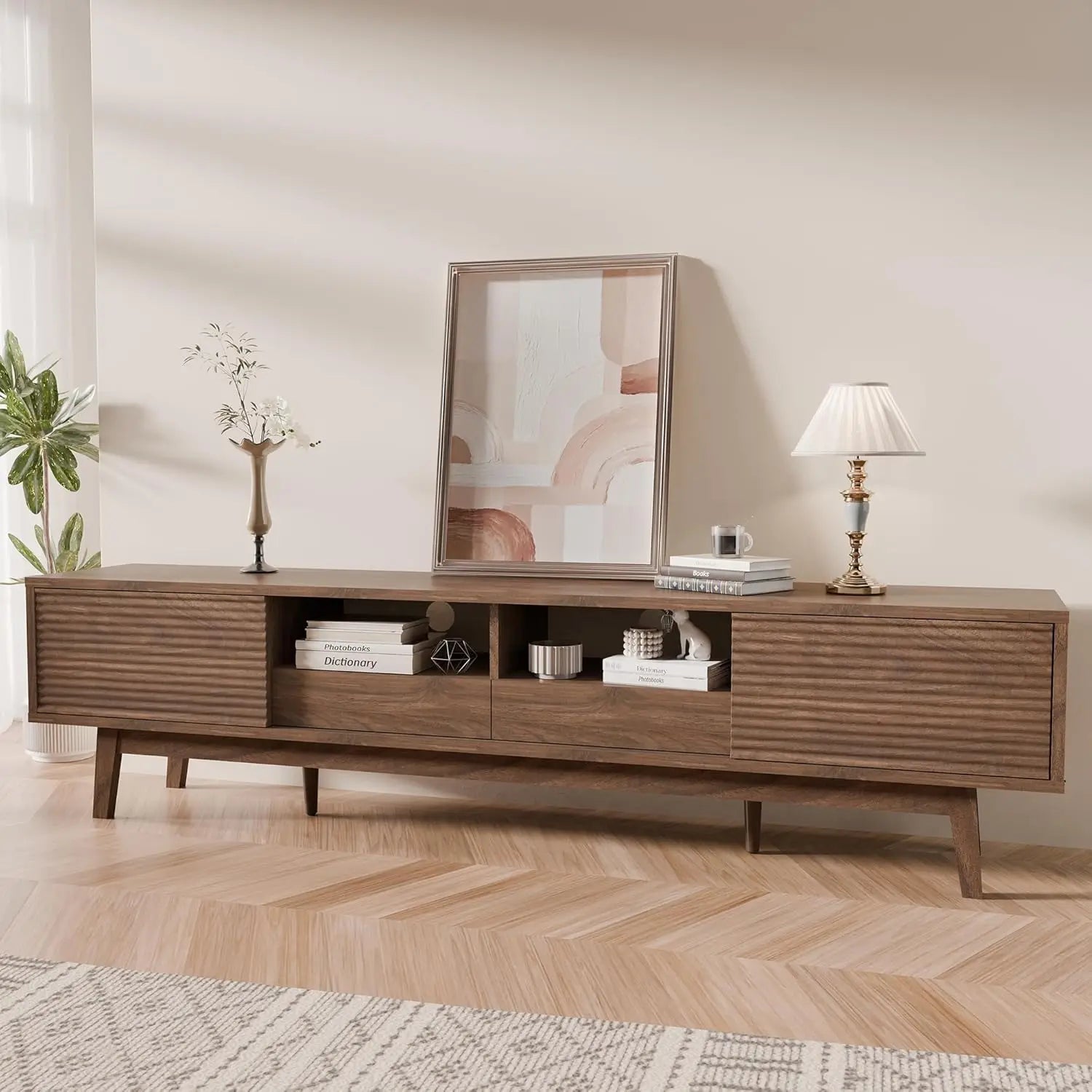 Mid Century  Walnut Console TV Stand 75 Inch Low Profile Fluted Doors Storage Drawers