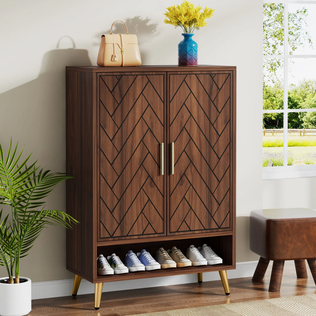 6-Tier Shoe Cabinet with Doors, Walnut Wooden with Adjustable Shelves for Entryway