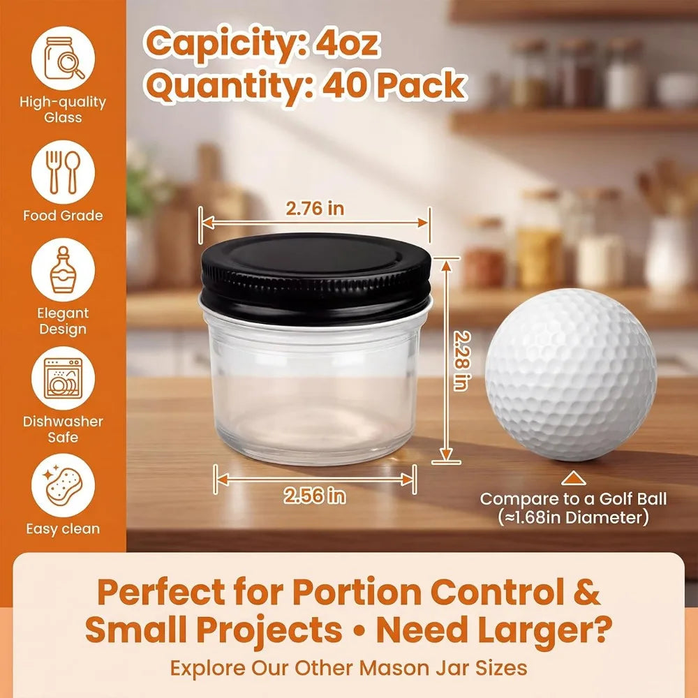 40 Pack 4oz Mini Glass Mason Jars with Black Lids