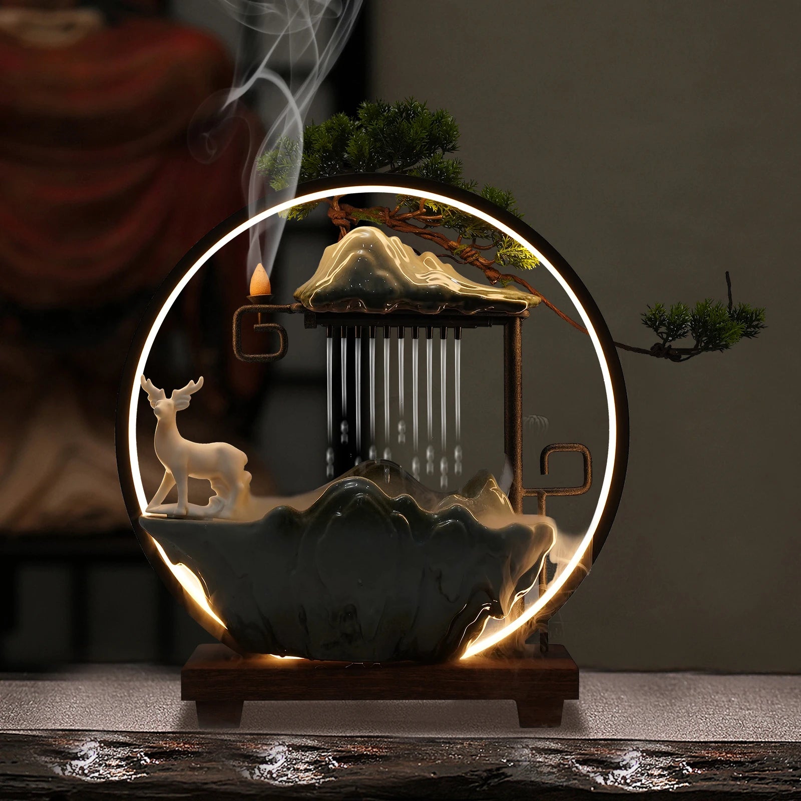 110V Ceramic Tabletop Fountain With Mist LED Deer Figurine Pine Branches Easy Setup Quiet