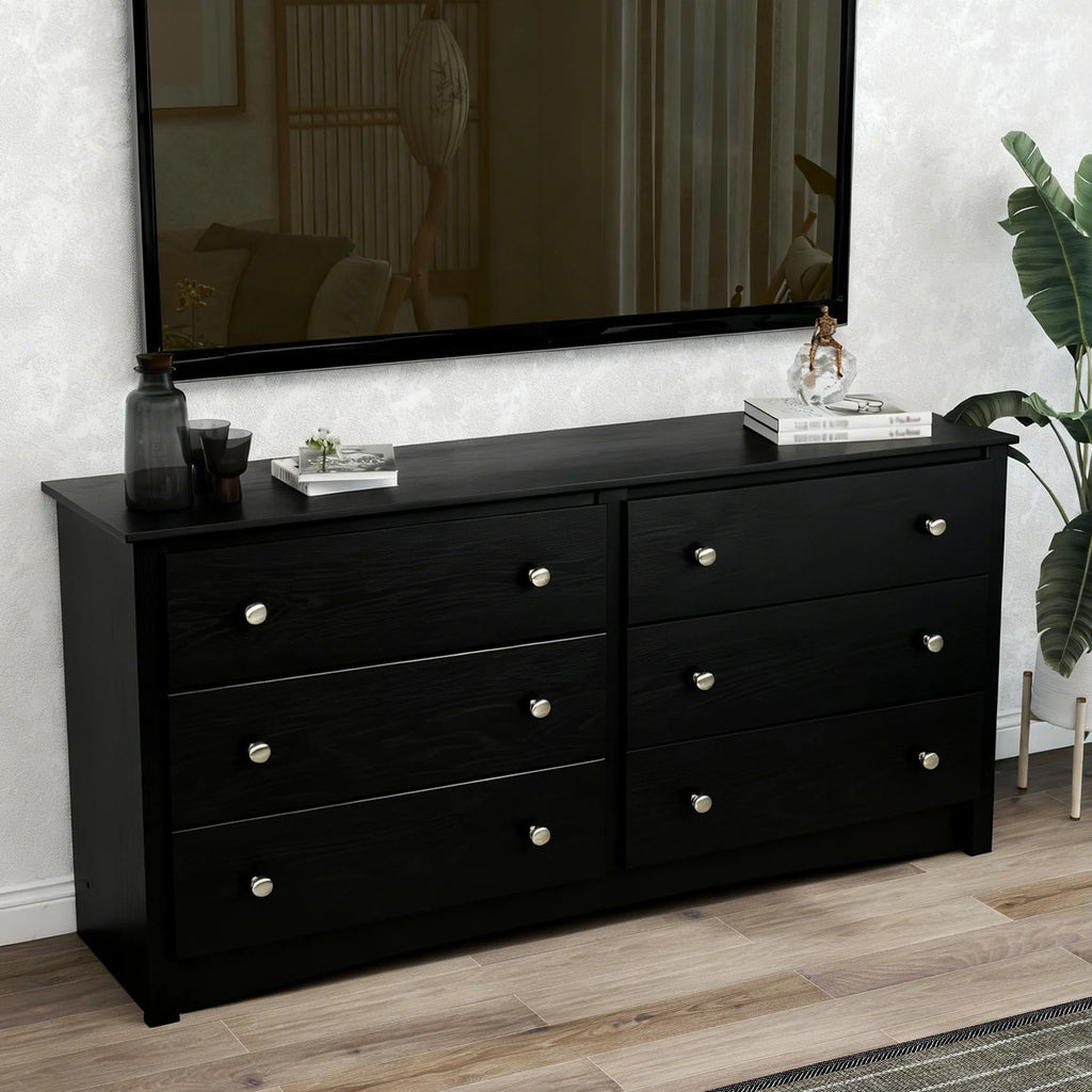 59IN Wood 6 Dresser Drawers Cabinet for Living Room Stable Structure Storage Wide Chest of Drawers