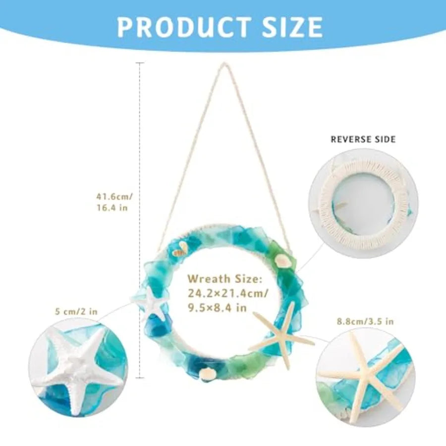 Handcrafted Coastal Blue Sea Glass Wreath for Door Starfish and Shells