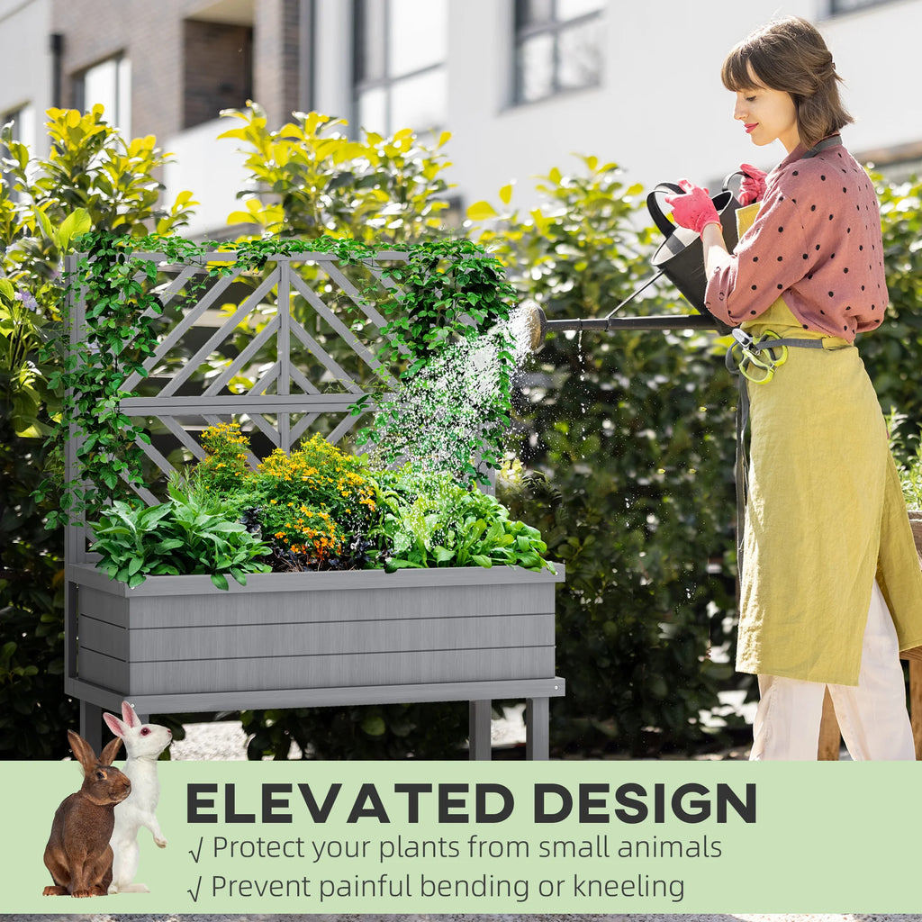 Raised Garden Bed with Trellis for Climbing Plants, Wooden Planter with Legs, Drainage Holes & Filter, Gray