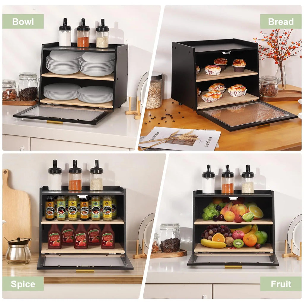 Double Layer Large Bread Box, Bamboo Bread Box for Kitchen Counter