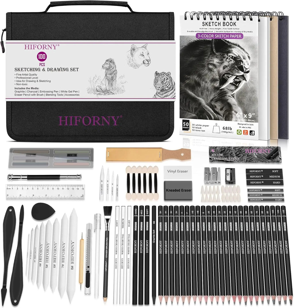 100 Pcs Drawing Set, Graphite, Charcoal & Blending Tools, Portable Case Beginners
