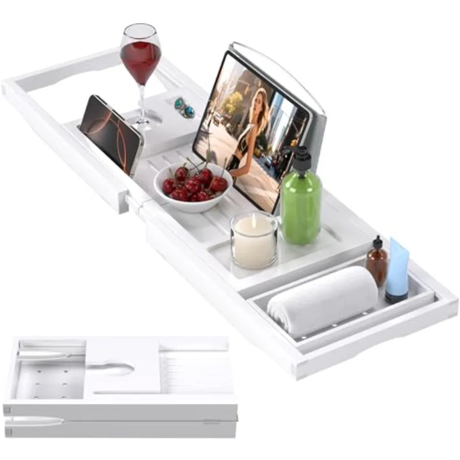 Foldable and Expandable Bamboo Bathtub Caddy Tray for Tub