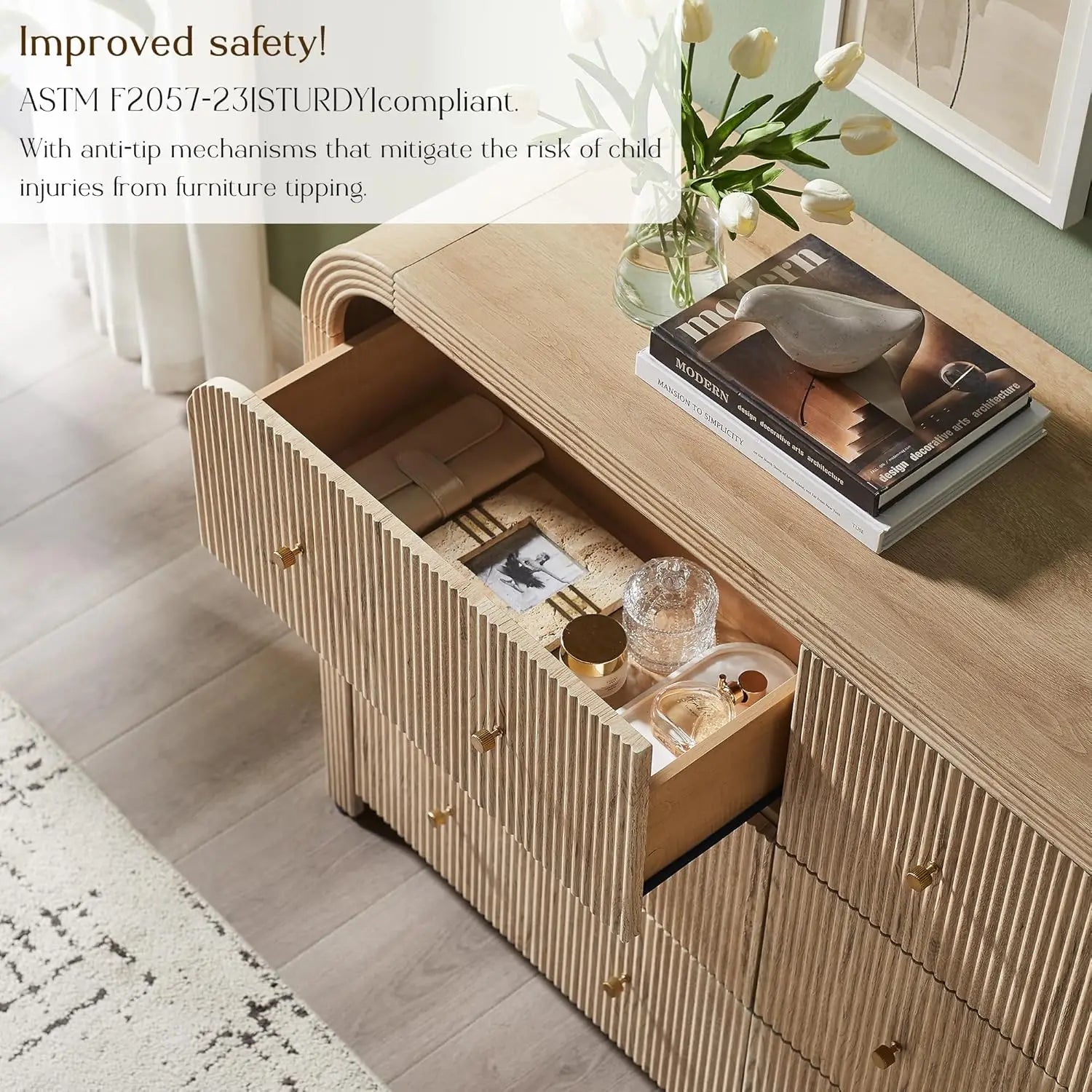 Fluted Wood, Wide, Curved 6 Drawer Dresser Bedroom 54in TV Stand Living Room Hallway Oak