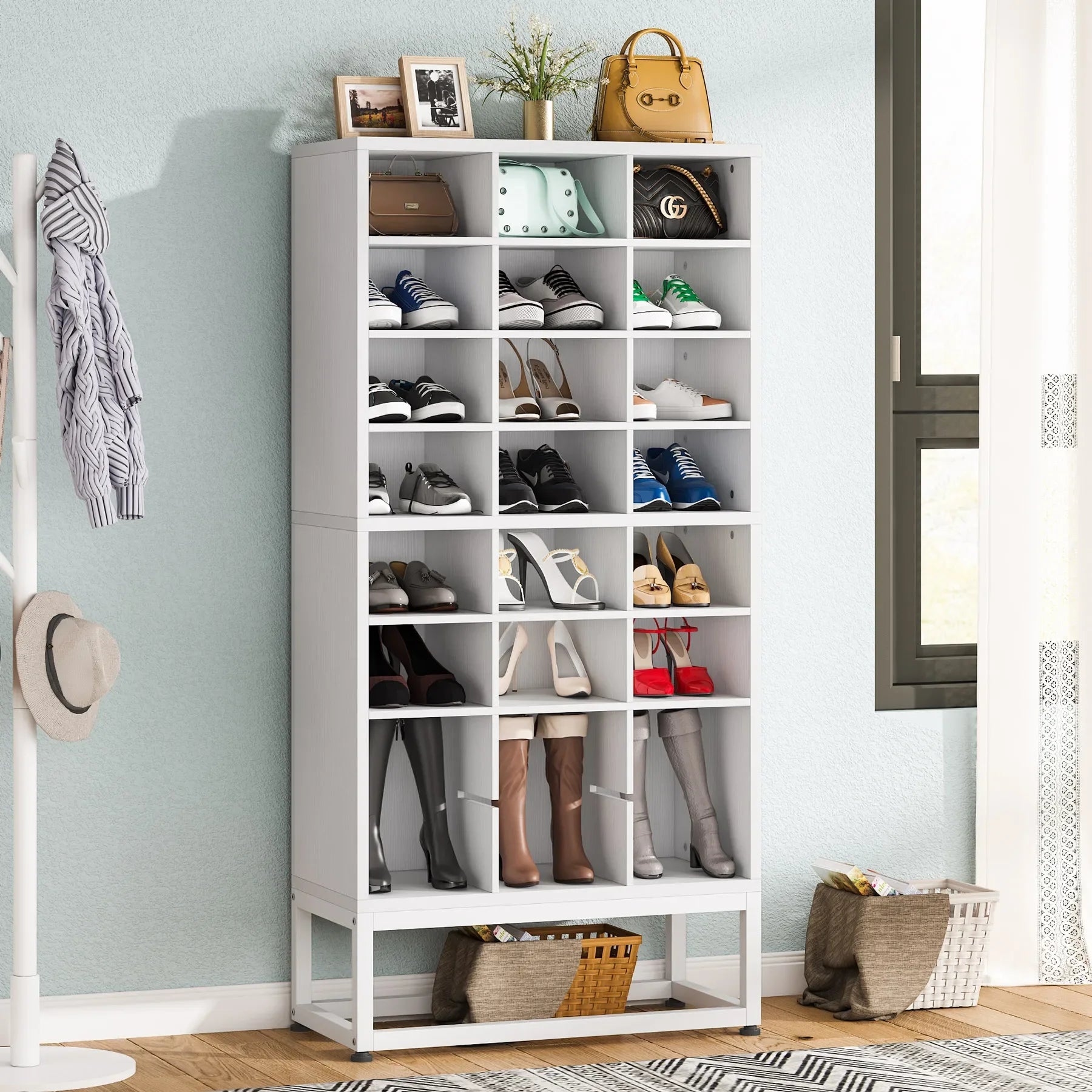 Wooden Shoe Cabinet 8-Tier Display Shelf Rack Stand White Wood Cube Shelf