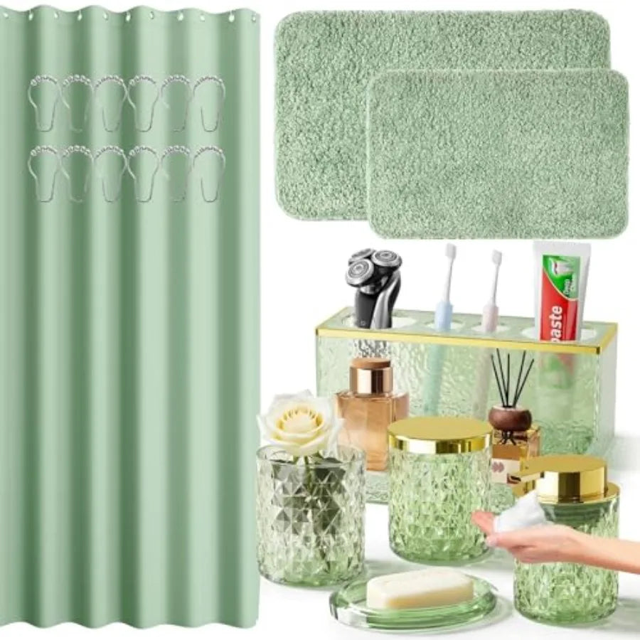 20PCS Glass Vanity set with Shower Curtain and Rugs