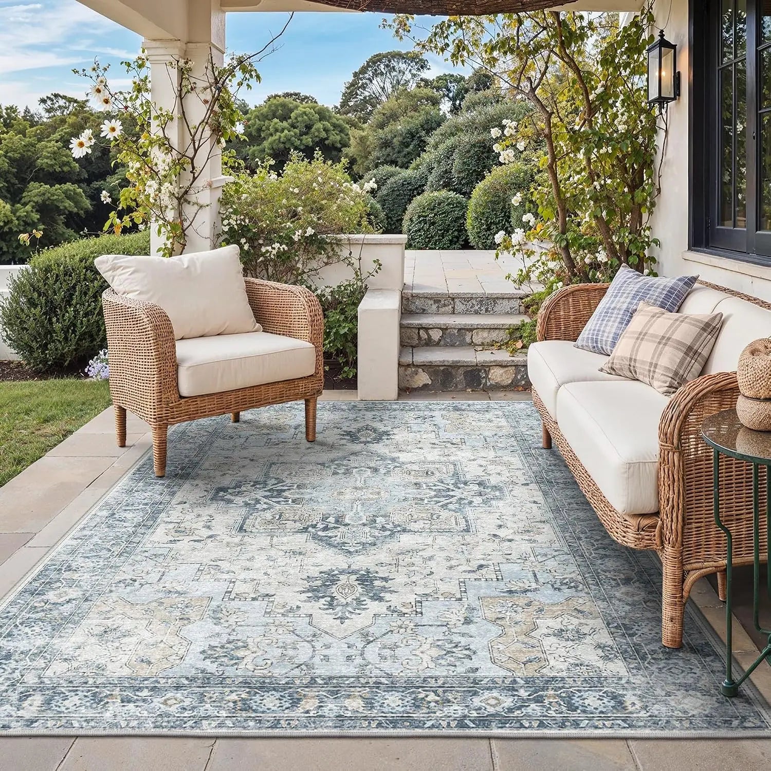 Boho Indoor Outdoor Rug 5x8 ft Waterproof Non-Shedding Easy Clean Washable Patio Mat