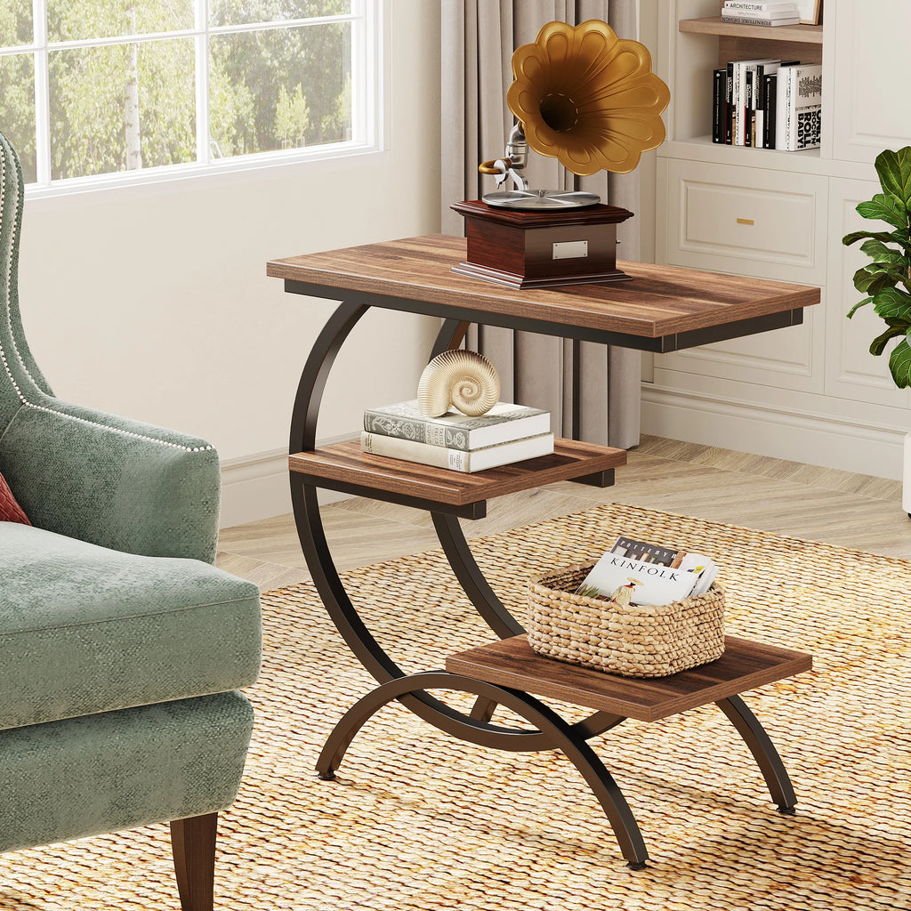 C-Shaped End Table, Industrial 3-Tier Small Table Wood with Storage Shelves