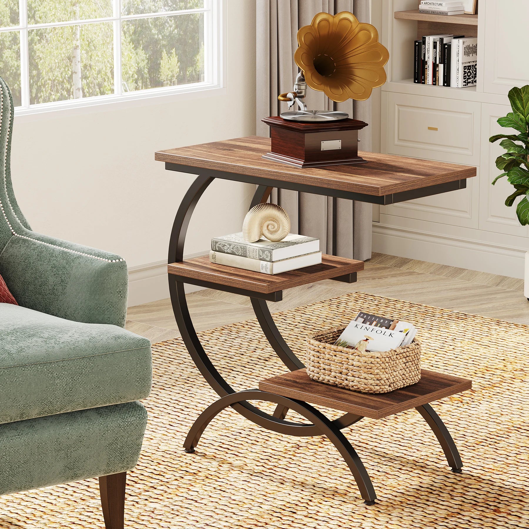 C-Shaped End Table, Industrial 3-Tier Small Table Wood with Storage Shelves