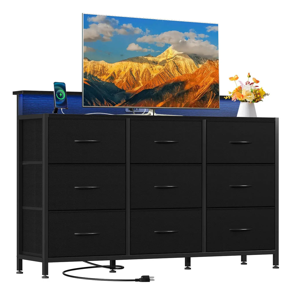 TV Stand Dresser with 9 Fabric Drawers Wood Top Media Console for 32-52 inch TV Stand with Storage
