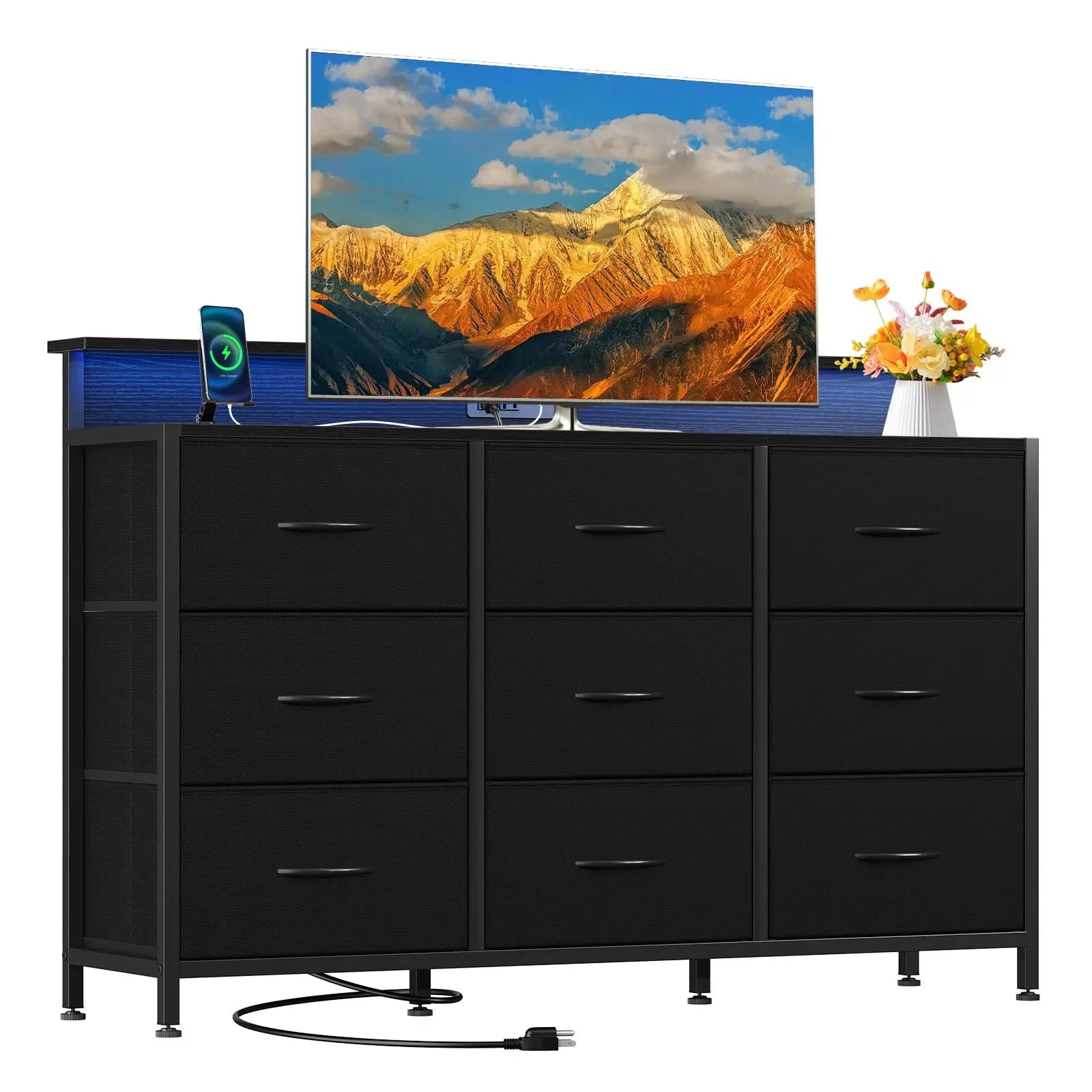 TV Stand Dresser with 9 Fabric Drawers Wood Top Media Console for 32-52 inch TV Stand with Storage
