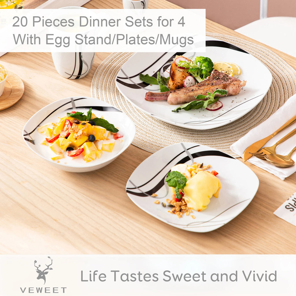 20/40 Piece Black Stripe Porcelain Dinner Kitchen Plate Combi-Set with Egg Cup/Mug/Bowl/Dessert Plate/Dinner Plate