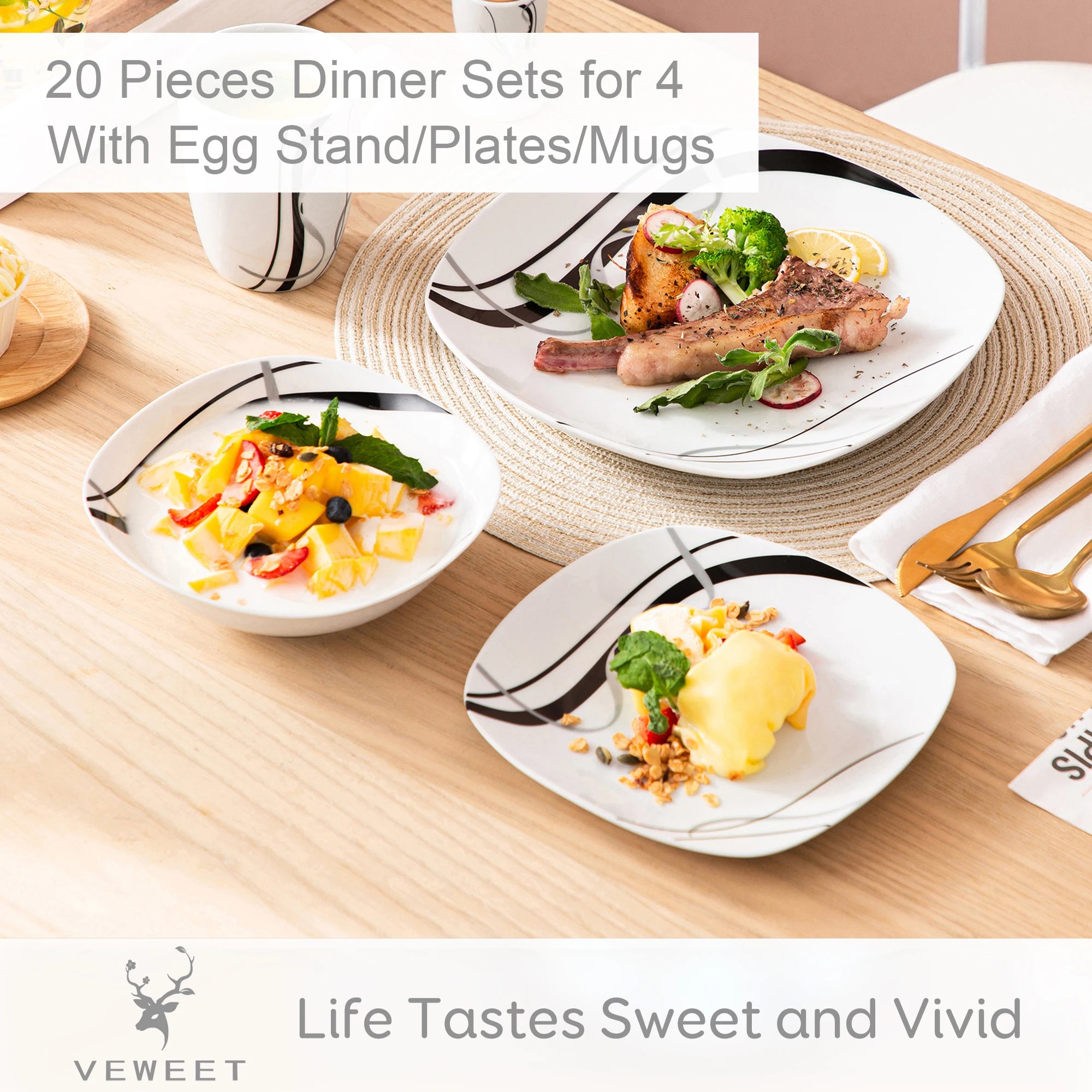 20/40 Piece Black Stripe Porcelain Dinner Kitchen Plate Combi-Set with Egg Cup/Mug/Bowl/Dessert Plate/Dinner Plate