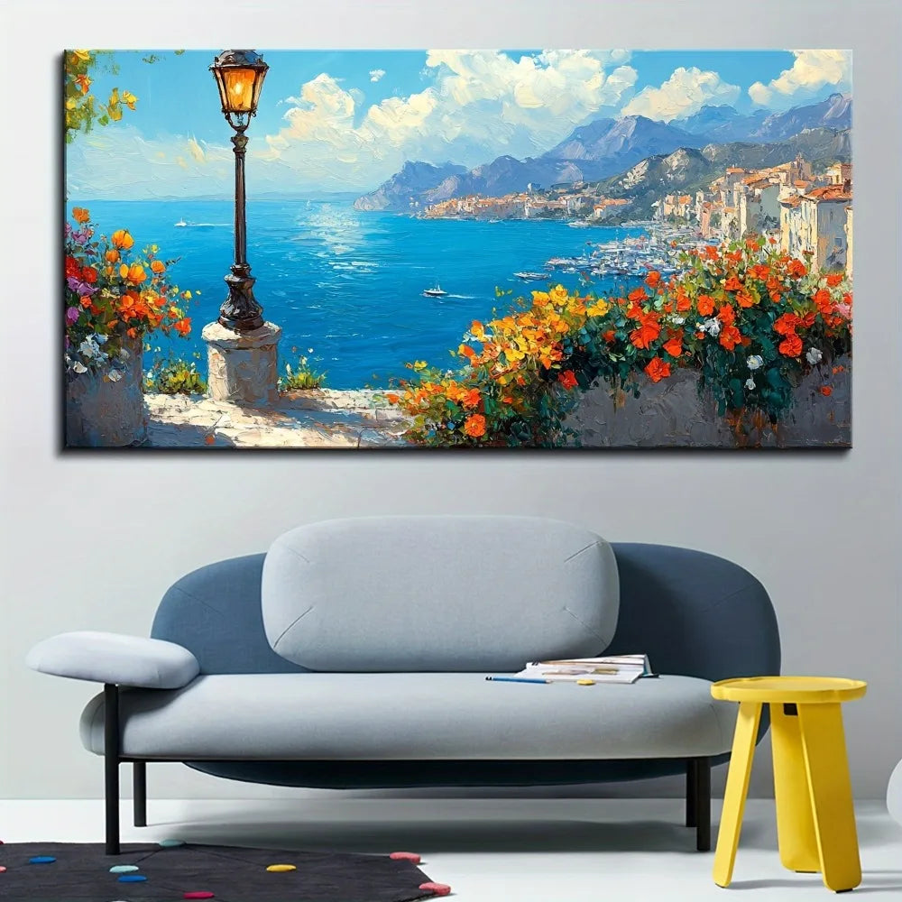 1.5 inch thick pine solid wood frame, canvas mural, bedroom blue coastal ocean flower scenery sailing boat,