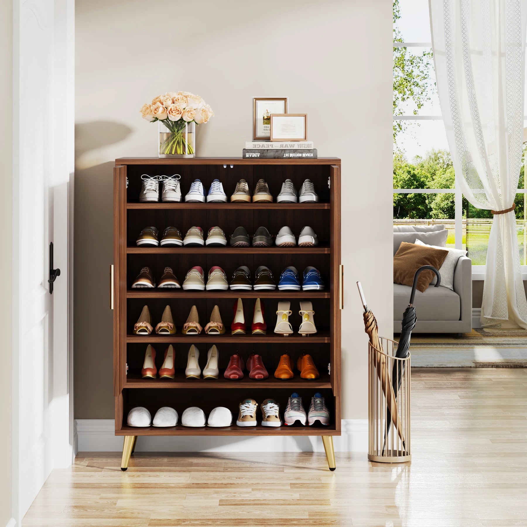 6-Tier Shoe Cabinet with Doors, Walnut Wooden with Adjustable Shelves for Entryway