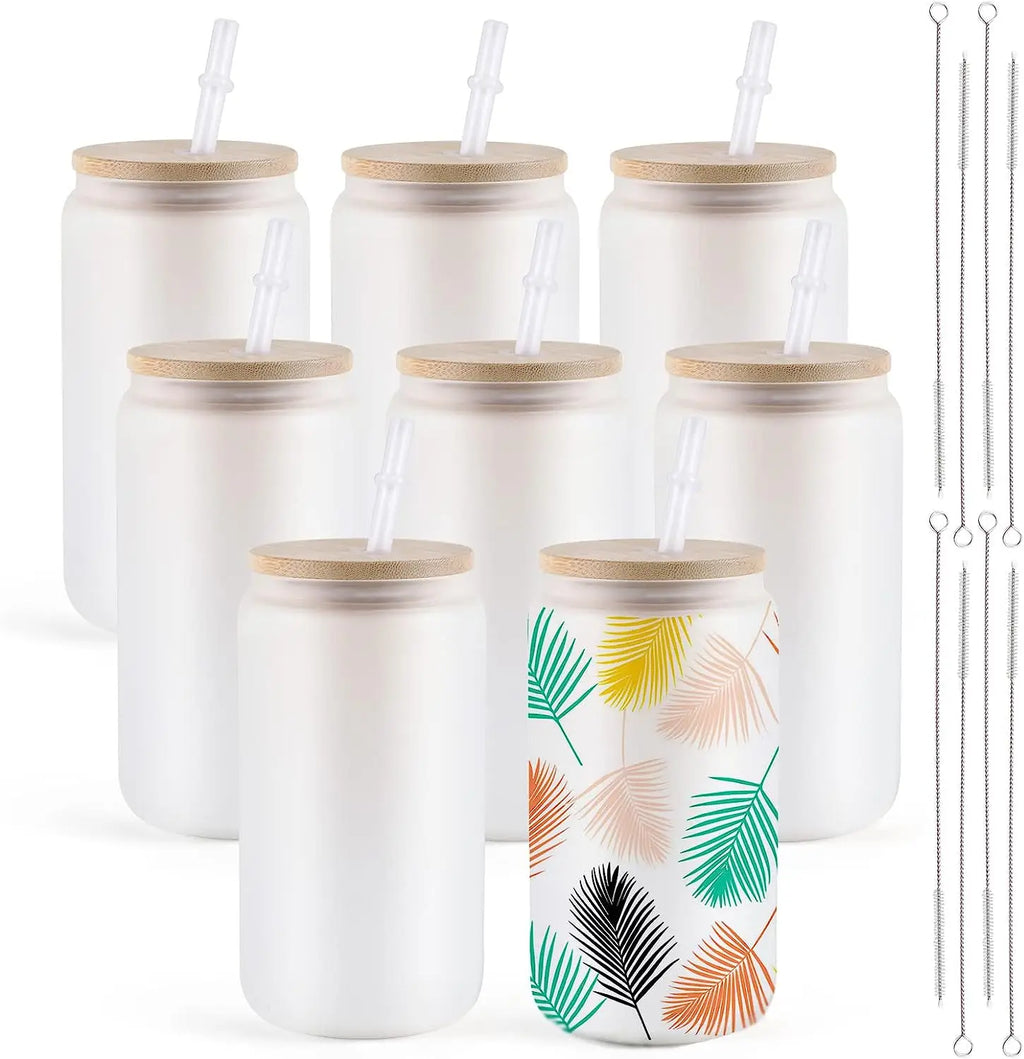 8 Pack 16OZ Frosted/Clear Glass Sublimation Tumblers with Bamboo Lid Sublimate Tumbler Blanks DIY