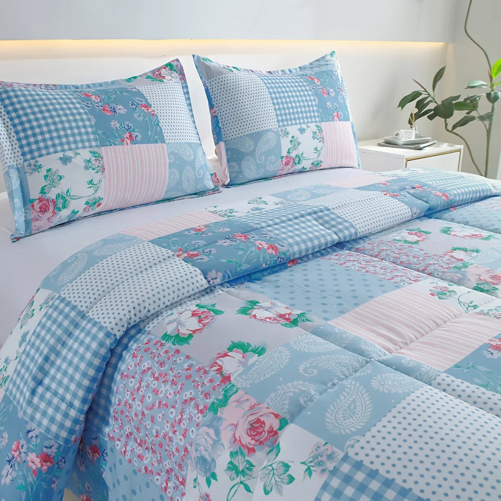 2/3pcs Luxury Comforter Set, Blue Checkered Floral Design, Lightweight Quilt Set  Includes 2 cases