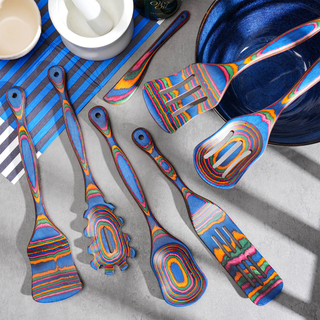 7Pcs Blue Pakkawood Wooden Cooking Utensils,