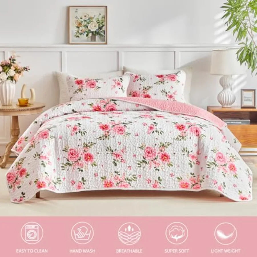 Floral Quilt Set 3 Pieces Queen Size White Pink Flower Soft Microfiber Lightweight Summer Reversible