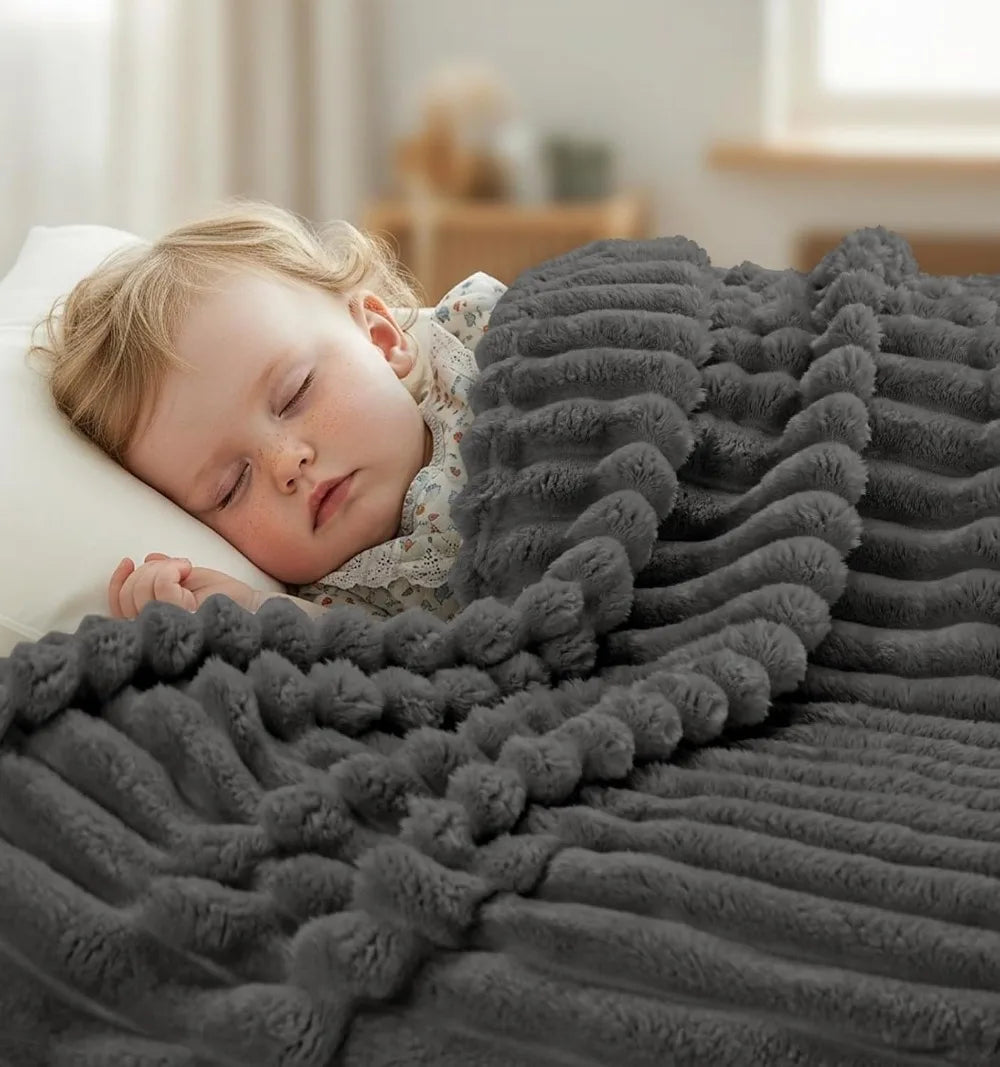 Striped Fleece Blanket Queen Size, Fluffy & Lightweight Throw for Bed, Sofa - Soft Cozy Home Decor
