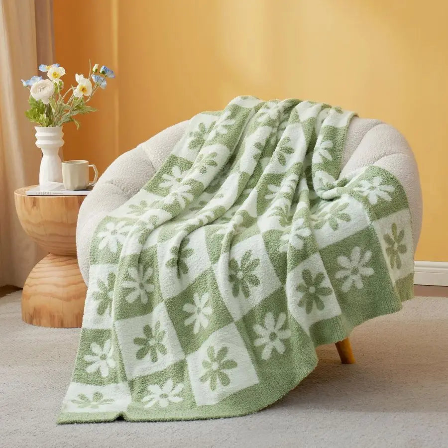 Checkered Blanket, Sage Green Flower Throw Blanket Microfiber