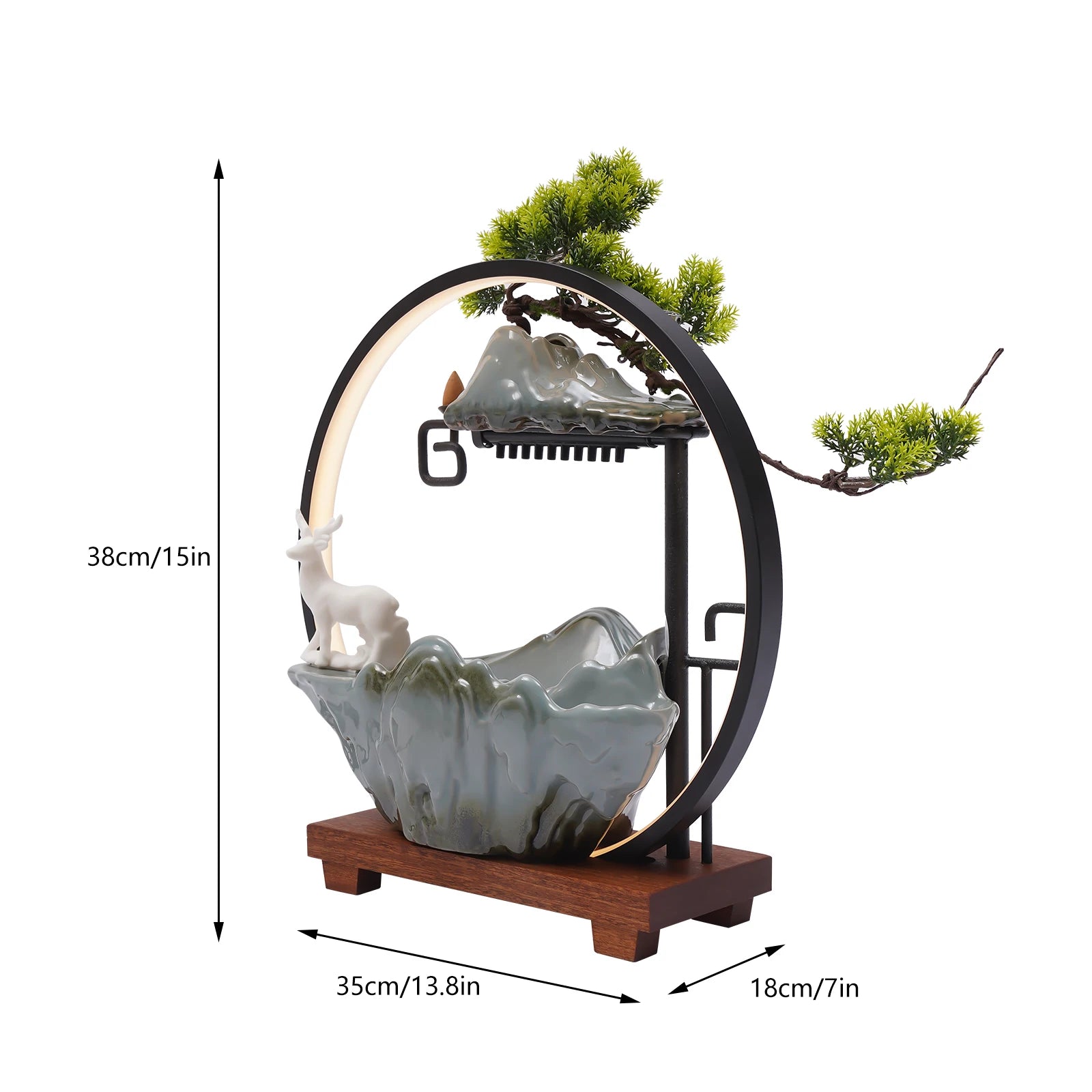 110V Ceramic Tabletop Fountain With Mist LED Deer Figurine Pine Branches Easy Setup Quiet