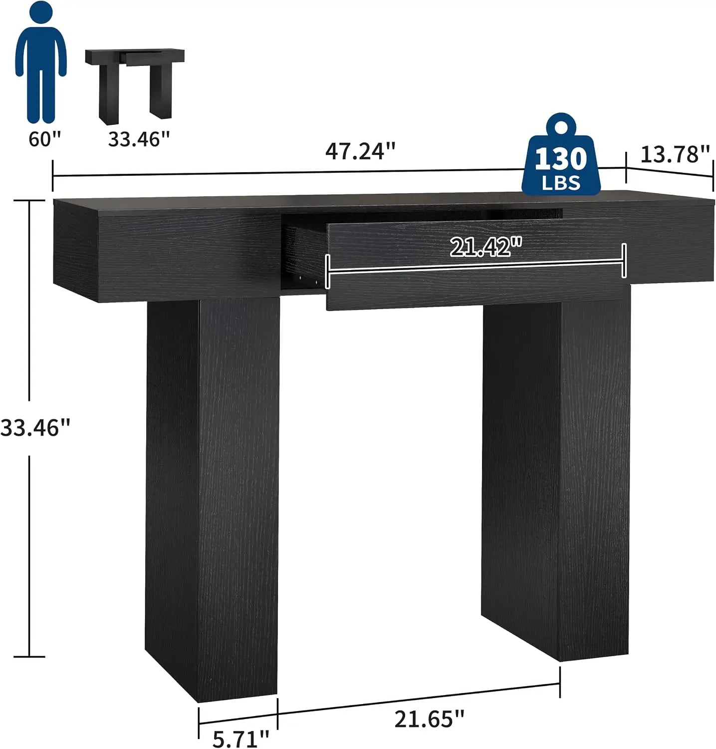 47" Long Console Table with Drawer, Narrow Entryway Table, Charcoal | Wood Rectangular Sofa Table