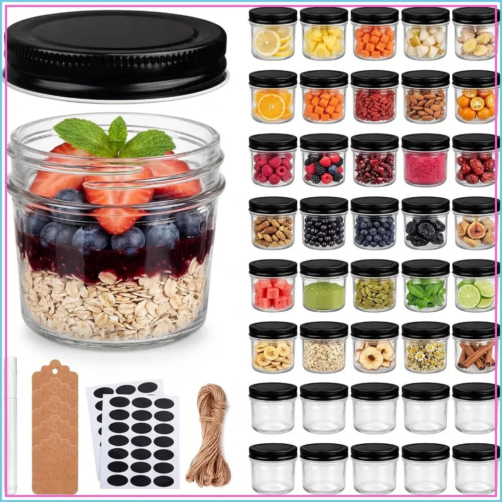 40 Pack 4oz Mini Glass Mason Jars with Black Lids