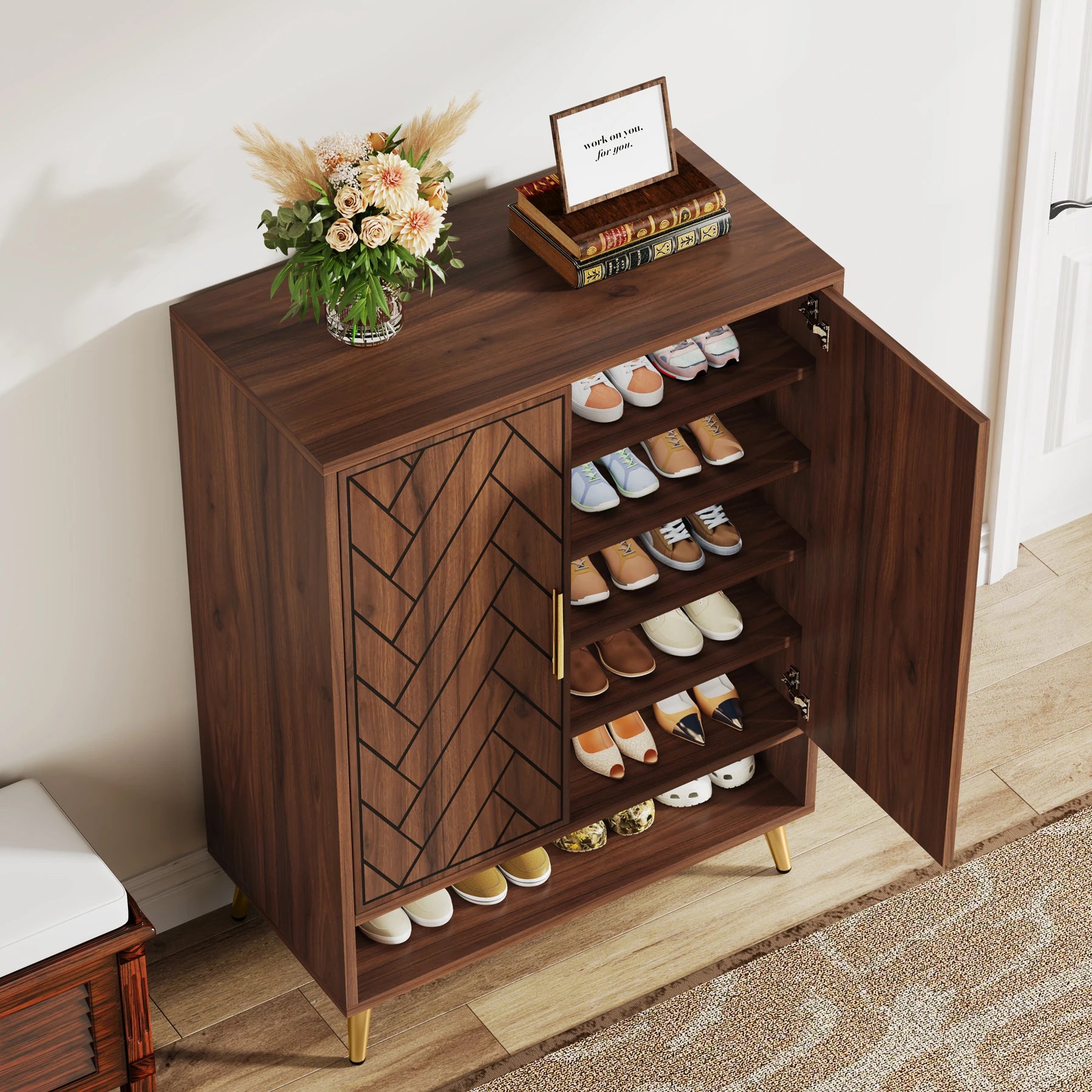 6-Tier Shoe Cabinet with Doors, Walnut Wooden with Adjustable Shelves for Entryway